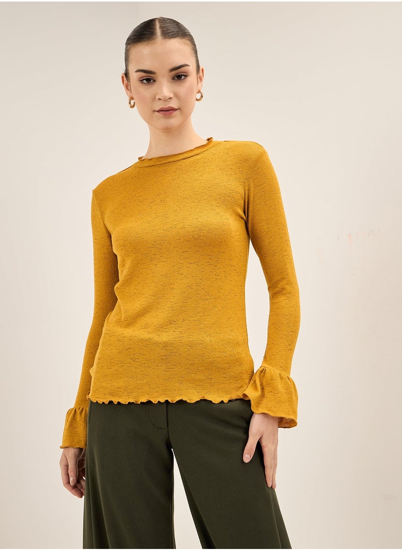 Salt Attire Women's Ruffled High Neckline Top with Full-Length Fluted Hem Sleeves | Slim Fit Design for a Chic, Feminine Look  - Image 1