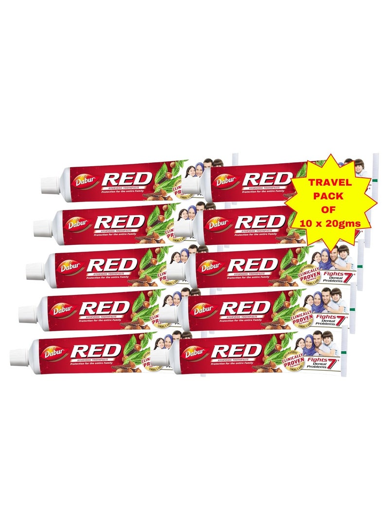دابر معجون أسنان دابور ريد أيورفيدا ميني (10 × 20 جرام) | حجم السفر | غني بمكونات الأيورفيدا القوية | لثة صحية وأسنان قوية ونفس منتعش | معجون أسنان خالي من الفلورايد - Image 1