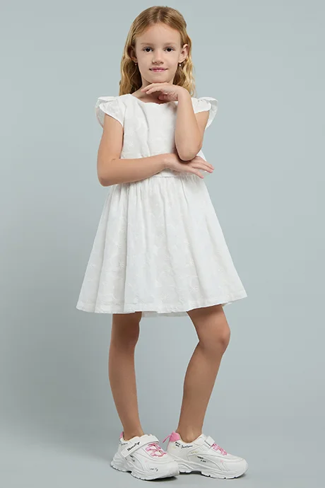 R&B Embroidered Dress with Crew Neck and Cap Sleeves