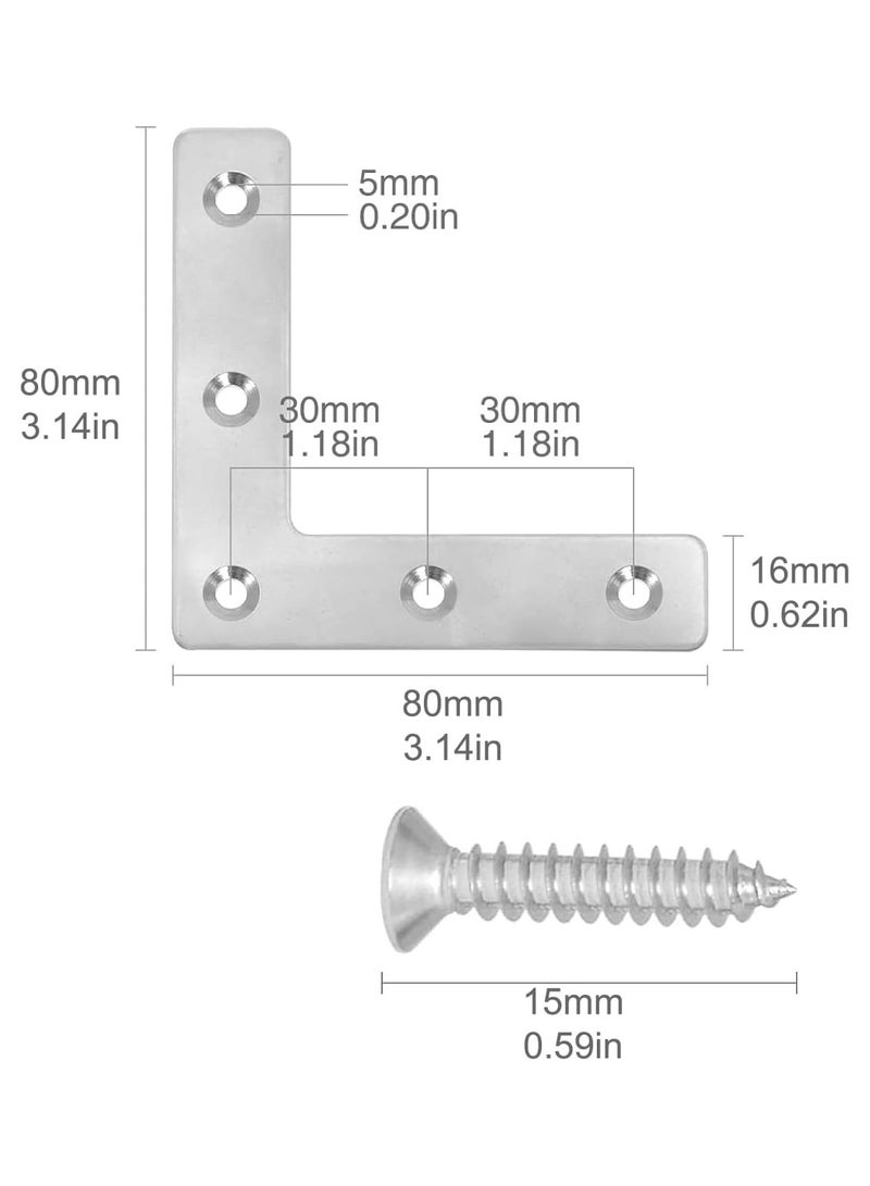Rubik 8pcs Flat Corner Brace with Screws, Stainless Steel L Shape 90 Degree Right Angle Brackets for Wood Desk Chair Cabinet Drawer Closet Frame Furniture Joint Repair (80x80x1mm)  - Image 2