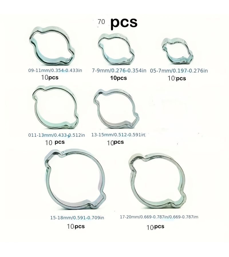 70 Heavy Duty Galvanized Double Ear Hose Clamps Multi Size Assortment For Fuel Lines Hoses And Pipe Clamps 45 Degree Angle Design Corrosion Resistant Surface Leak Proof - Image 1