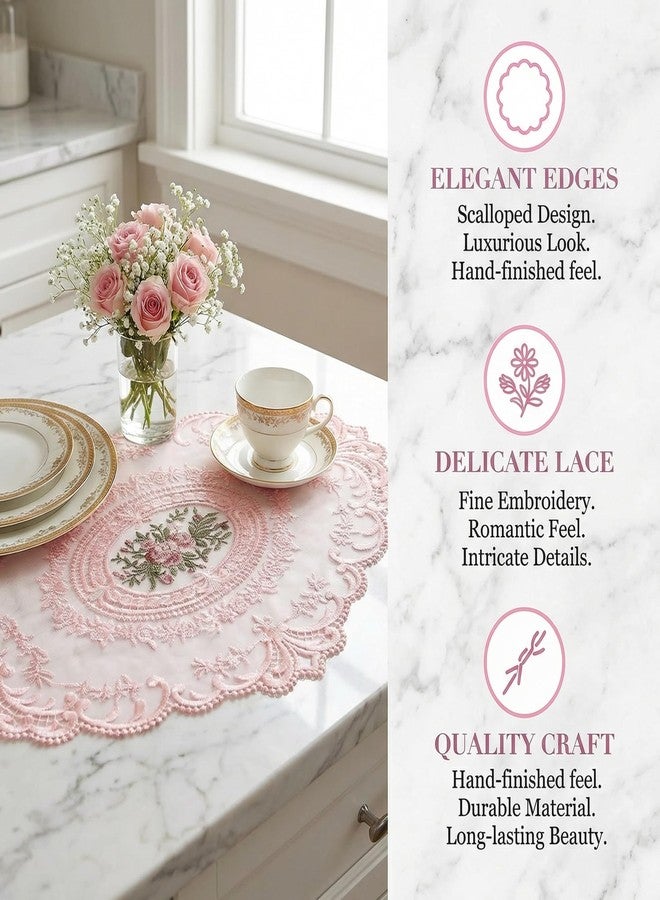 Wionin 2Pcs Lace Placemats French Style Retro Placemats Pink Doilies Table Runner Lace Dresser Scarves Cup Mat Table Runner with Pink Flowers Doilies - Image 3