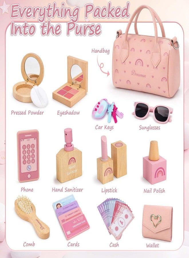 Dreamon Play Purse for Little Girls - 30PCS Toddler Purse with Wooden Pretend Makeup Kit, Handbag, Phone, Wallet, Keys - Princess Pretend Play Toys Birthday Gift for Girls Age 3 4 5 6 + Year Old - Image 2