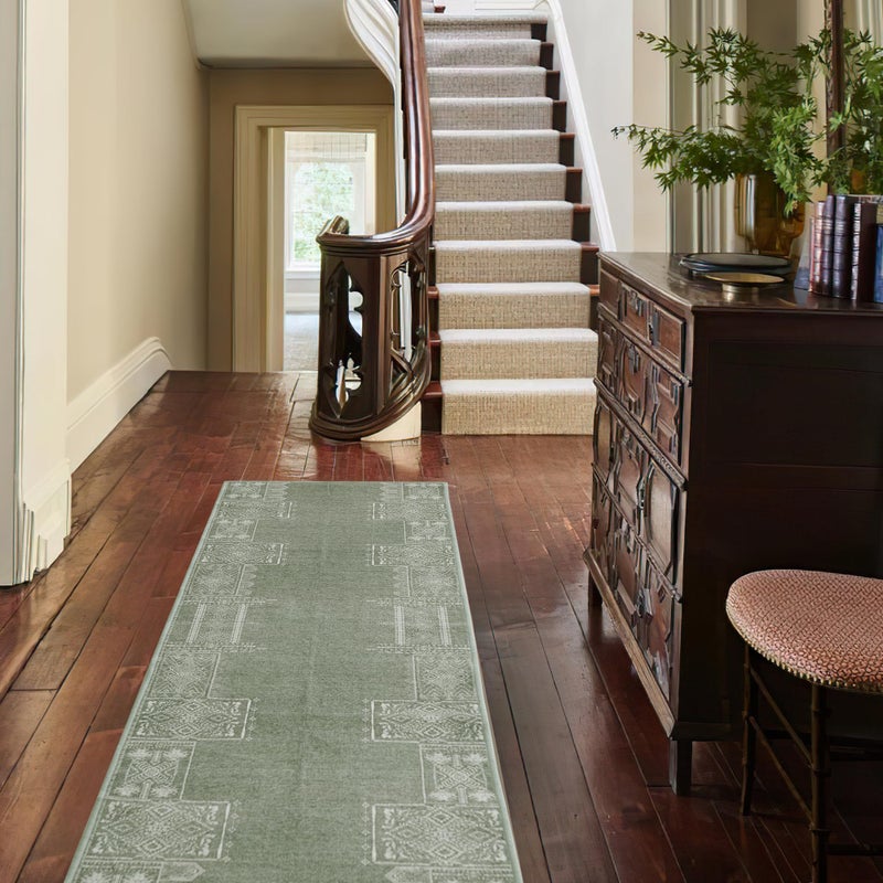 NICETOWN NICETOWN Green Kitchen Runner Rug  2x8 Hallway Runner Rugs for Christmas  Ultra-Thin Foldable Christmas Runner Rug Green Boho Runner Rug for Entryway Laundry Bedroom  Sage Green  - Image 1