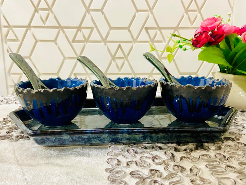 ALTAICA ALTAICA Ceramic Serving Platter with Three Bowls and Spoon for Snacks, Starter, Salad, Pasta, Heavy Quality Ceramic Serving Platters Perfect for Modern Kitchen- Blue and Greenish Cutting Bowl Desgin - Image 1