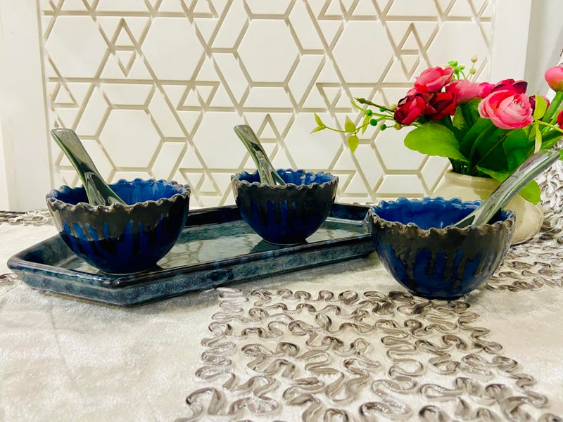 ALTAICA ALTAICA Ceramic Serving Platter with Three Bowls and Spoon for Snacks, Starter, Salad, Pasta, Heavy Quality Ceramic Serving Platters Perfect for Modern Kitchen- Blue and Greenish Cutting Bowl Desgin - Image 2