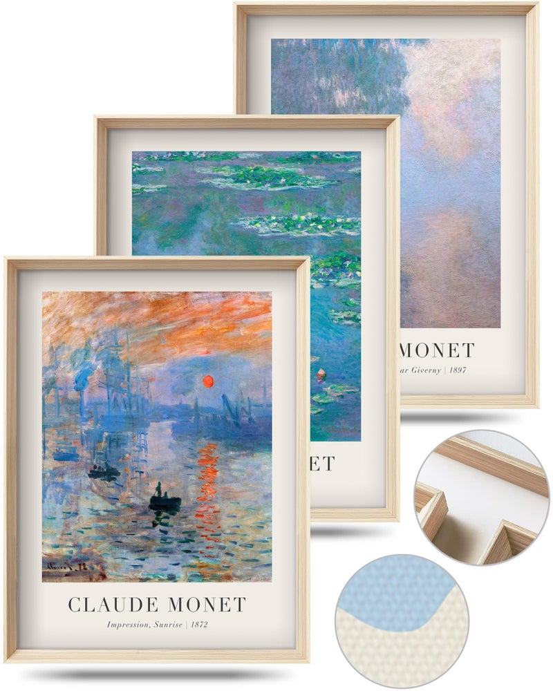 HesenDot Framed Claude Monet Water Lilies Canvas Wall Art,Vintage Impressionist Botanical Painting,16x12IN High Framed Design Prints,Minimalist Classic Decor Aesthetic for Living Room,Bedroom,Bathroom Set of 3 - Image 1
