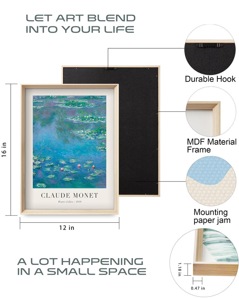 HesenDot Framed Claude Monet Water Lilies Canvas Wall Art,Vintage Impressionist Botanical Painting,16x12IN High Framed Design Prints,Minimalist Classic Decor Aesthetic for Living Room,Bedroom,Bathroom Set of 3 - Image 4
