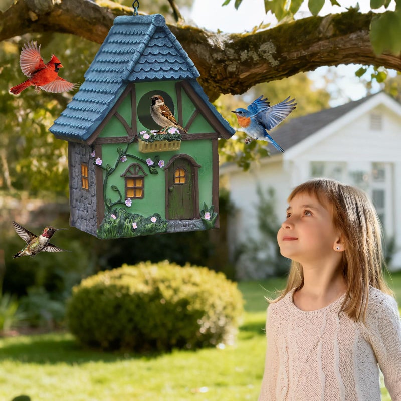 MINWOLF Bird Houses for Outside Cottage Garden Birdhouse â€“Green Resin Birdhouses for Outdoors with Flower and Stone Details for Bluebird Finches Cardinals Bird Nesting Garden, Patio, Yard - Image 5
