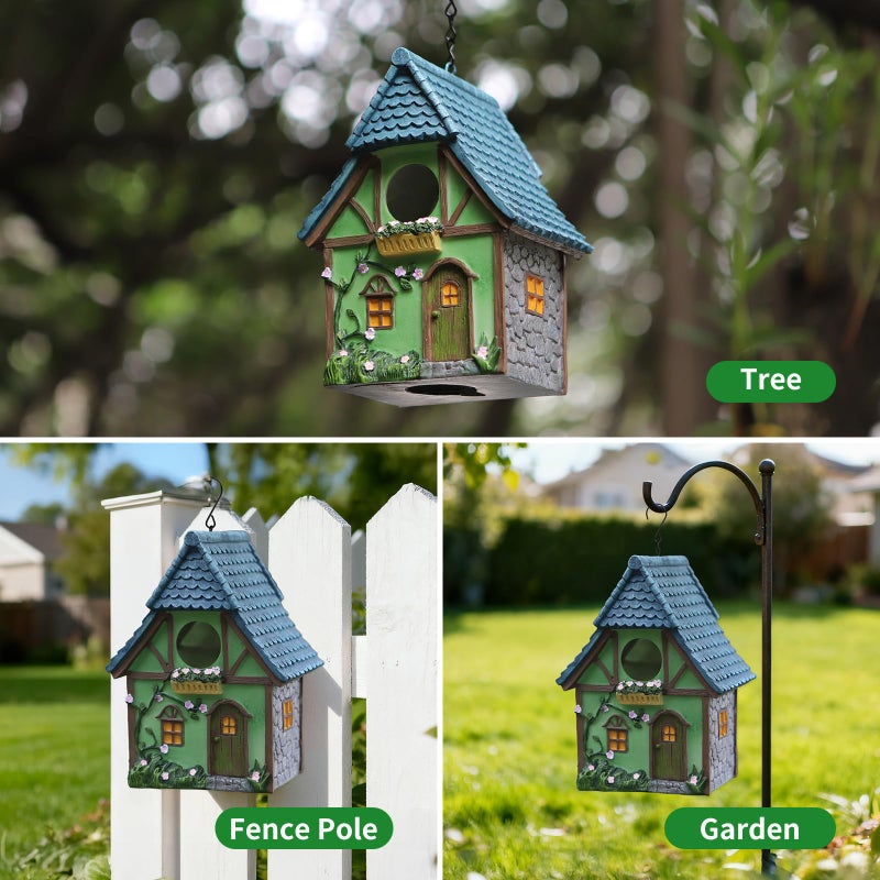MINWOLF Bird Houses for Outside Cottage Garden Birdhouse â€“Green Resin Birdhouses for Outdoors with Flower and Stone Details for Bluebird Finches Cardinals Bird Nesting Garden, Patio, Yard - Image 4