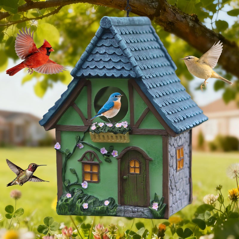 MINWOLF Bird Houses for Outside Cottage Garden Birdhouse â€“Green Resin Birdhouses for Outdoors with Flower and Stone Details for Bluebird Finches Cardinals Bird Nesting Garden, Patio, Yard - Image 1
