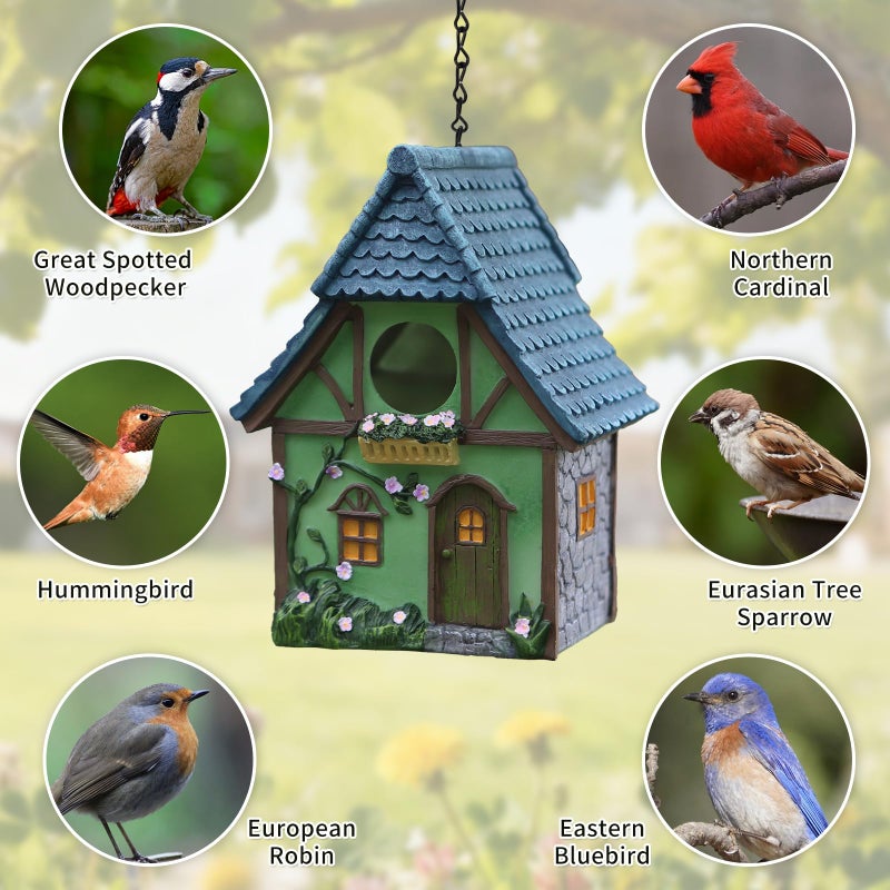 MINWOLF Bird Houses for Outside Cottage Garden Birdhouse â€“Green Resin Birdhouses for Outdoors with Flower and Stone Details for Bluebird Finches Cardinals Bird Nesting Garden, Patio, Yard - Image 2