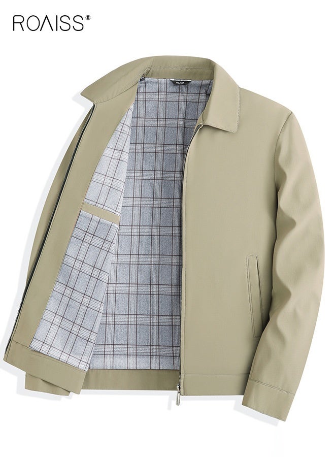 roaiss Spring and Autumn Men's Lapel Zipper Multi-pocket Jacket Solid Color Middle-Aged Business Casual Loose Executive Jacket Coat Top Father's Gift Khaki - Image 3