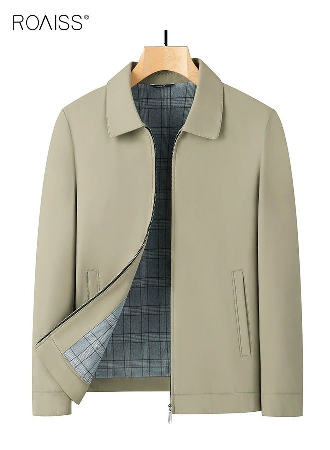 roaiss Spring and Autumn Men's Lapel Zipper Multi-pocket Jacket Solid Color Middle-Aged Business Casual Loose Executive Jacket Coat Top Father's Gift Khaki - Image 1