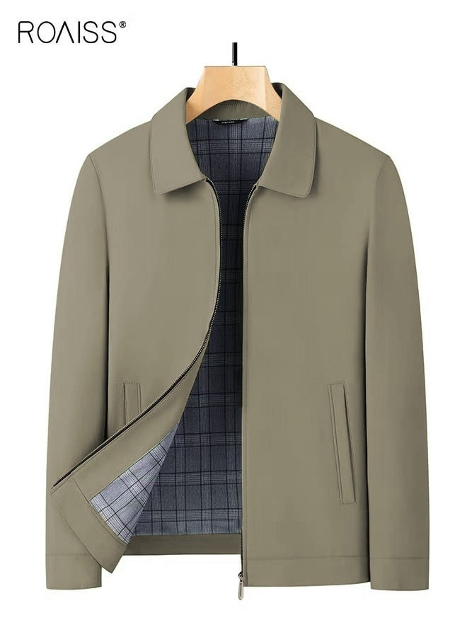 roaiss Spring and Autumn Men's Lapel Zipper Multi-pocket Jacket Solid Color Middle-Aged Business Casual Loose Executive Jacket Coat Top Father's Gift Khaki - Image 1