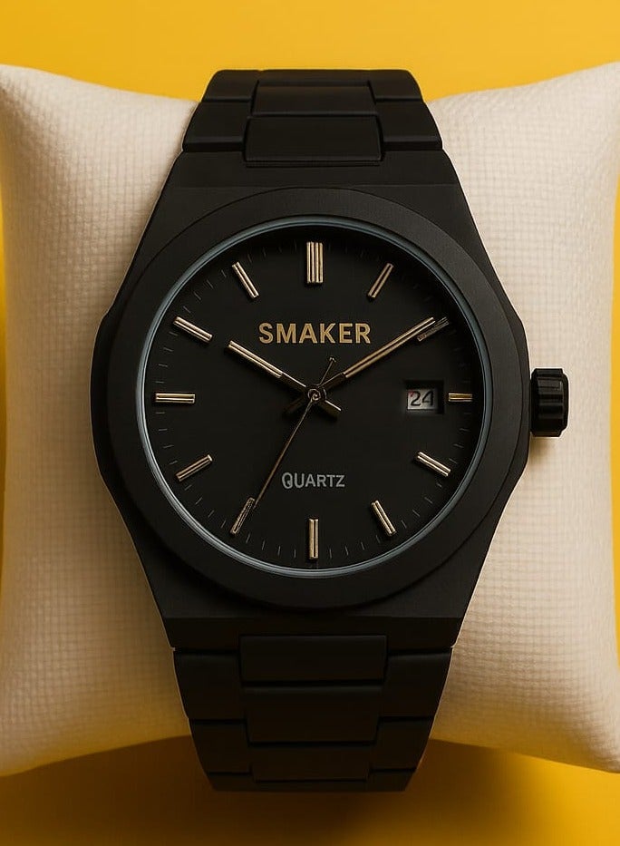 Smaker Men's Quartz Wristwatch – Black Stainless Steel, Minimalist Design, Date Display - Image 2