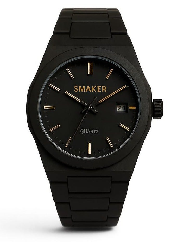 Smaker Men's Quartz Wristwatch – Black Stainless Steel, Minimalist Design, Date Display - Image 1