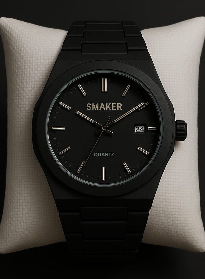 Smaker Men's Quartz Wristwatch – Black Stainless Steel, Minimalist Design, Date Display - Image 3