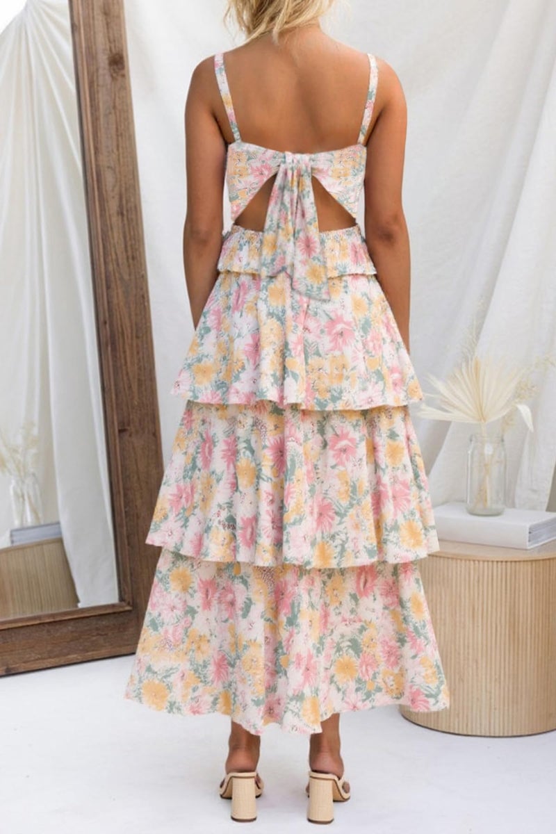 Fisoew Womens Floral Maxi Dresses Spaghetti Strap Casual Sleeveless Ruffle Flowy Tiered Dress Multicolor - Image 4