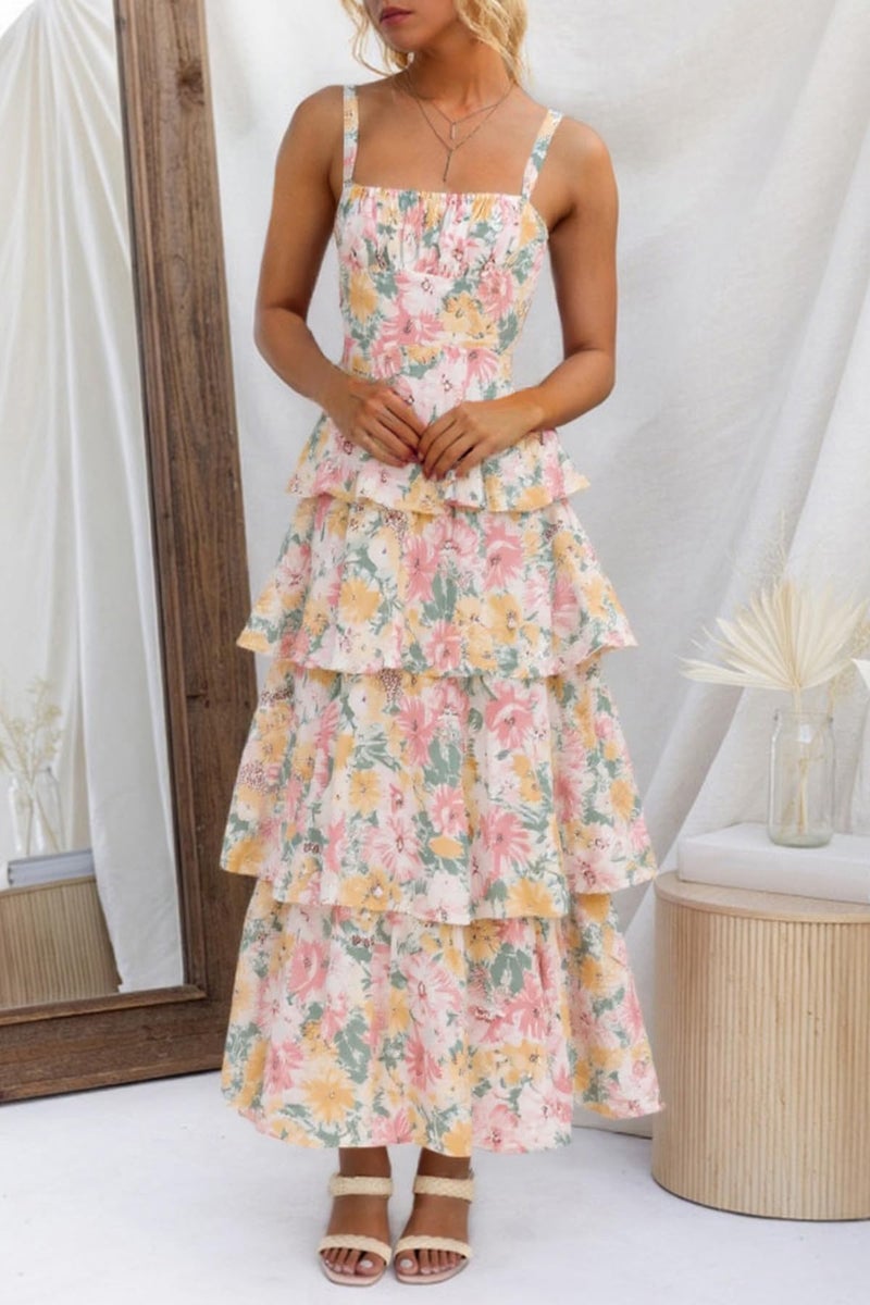 Fisoew Womens Floral Maxi Dresses Spaghetti Strap Casual Sleeveless Ruffle Flowy Tiered Dress Multicolor - Image 2