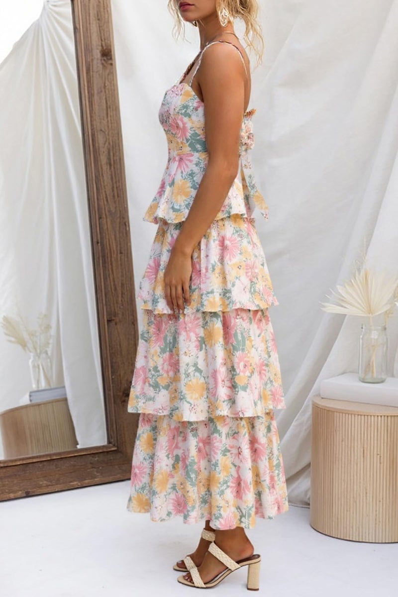 Fisoew Womens Floral Maxi Dresses Spaghetti Strap Casual Sleeveless Ruffle Flowy Tiered Dress Multicolor - Image 3