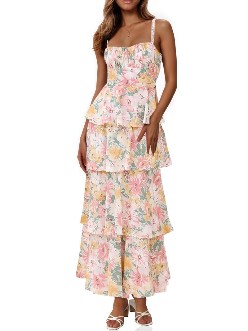 Fisoew Womens Floral Maxi Dresses Spaghetti Strap Casual Sleeveless Ruffle Flowy Tiered Dress Multicolor - Image 1