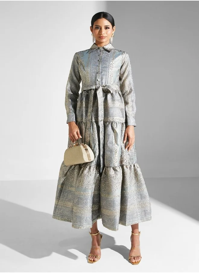 Threadz by Ajooni Peplum Hem Jacquard Dress