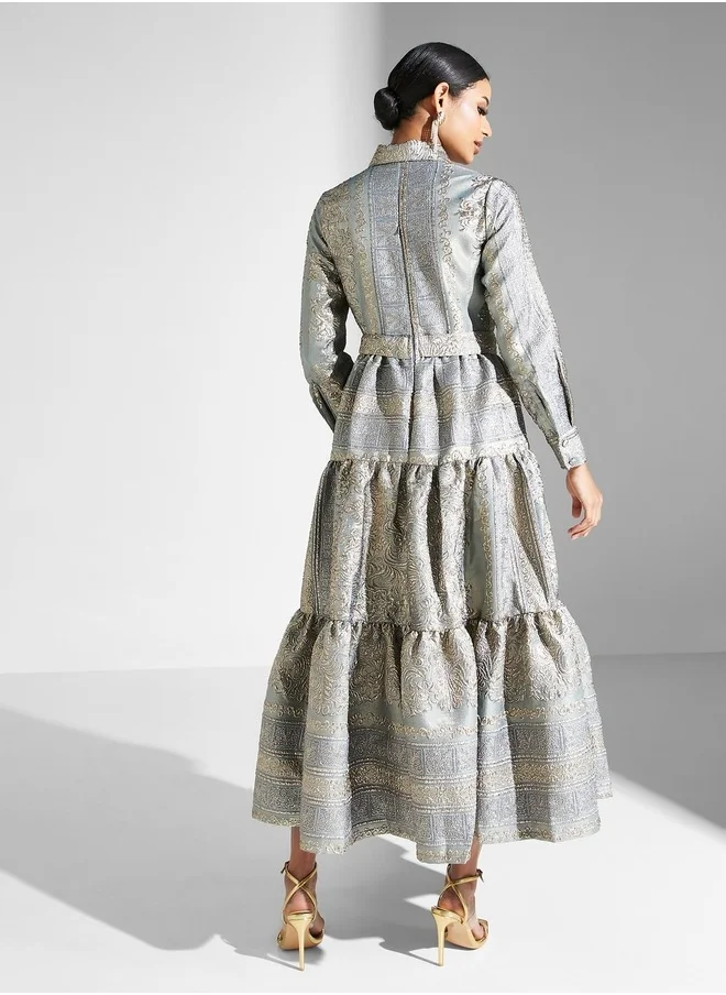 Threadz by Ajooni Peplum Hem Jacquard Dress