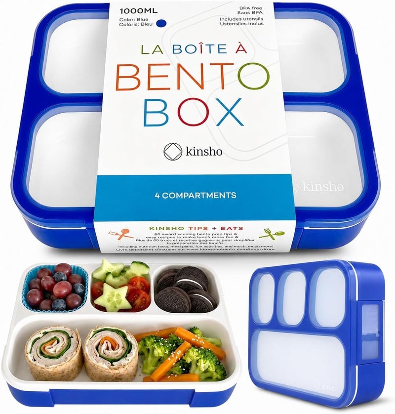 Kinsho Bento Lunch Box for Kids Boys Adults, School Lunch-Box 4 Leakproof Compartments Snackle Snack Container with Utensils, Blue - Image 1