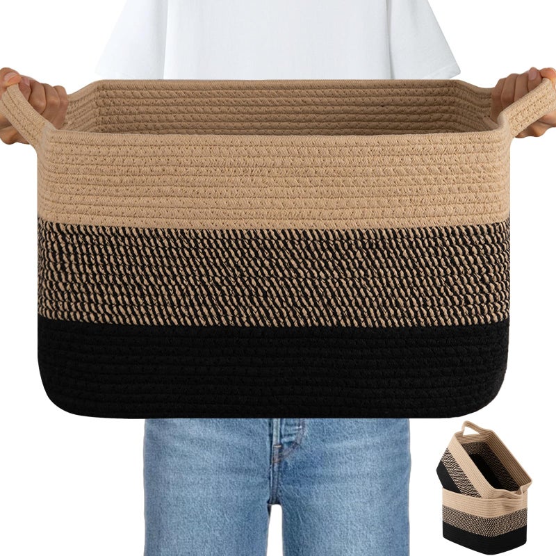 OIAHOMY Woven Storage Basket, Cotton Rope Baskets for Toys,Towel, Clothes, Used to Bathroom,Living Room,Nursery,Bedroom, 16"x12"x10"- Pack of 3, Black & Brown - Image 1