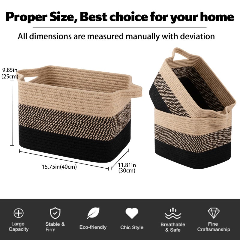 OIAHOMY Woven Storage Basket, Cotton Rope Baskets for Toys,Towel, Clothes, Used to Bathroom,Living Room,Nursery,Bedroom, 16"x12"x10"- Pack of 3, Black & Brown - Image 3