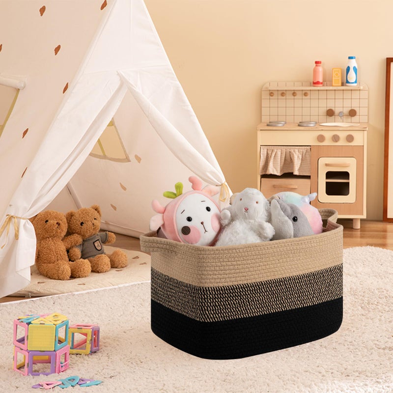 OIAHOMY Woven Storage Basket, Cotton Rope Baskets for Toys,Towel, Clothes, Used to Bathroom,Living Room,Nursery,Bedroom, 16"x12"x10"- Pack of 3, Black & Brown - Image 2