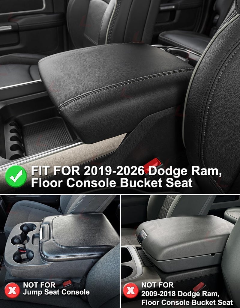 KBH Center Console Armrest Cover for 2019-2025 Dodge Ram 1500 2500 3500 5th Gen, Floor Console Bucket Seat, Arm Rest Cushion Pad Protector, Vinyl Leather, Black-Gray Stitches - Image 2
