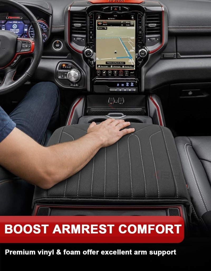 KBH Center Console Armrest Cover for 2019-2025 Dodge Ram 1500 2500 3500 5th Gen, Floor Console Bucket Seat, Arm Rest Cushion Pad Protector, Vinyl Leather, Black-Gray Stitches - Image 4