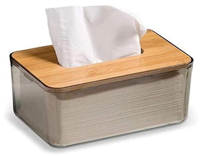 Transparent Plastic Facial Tissue Box With Bamboo Cover Clear/Black 23x13x10cm - Image 1