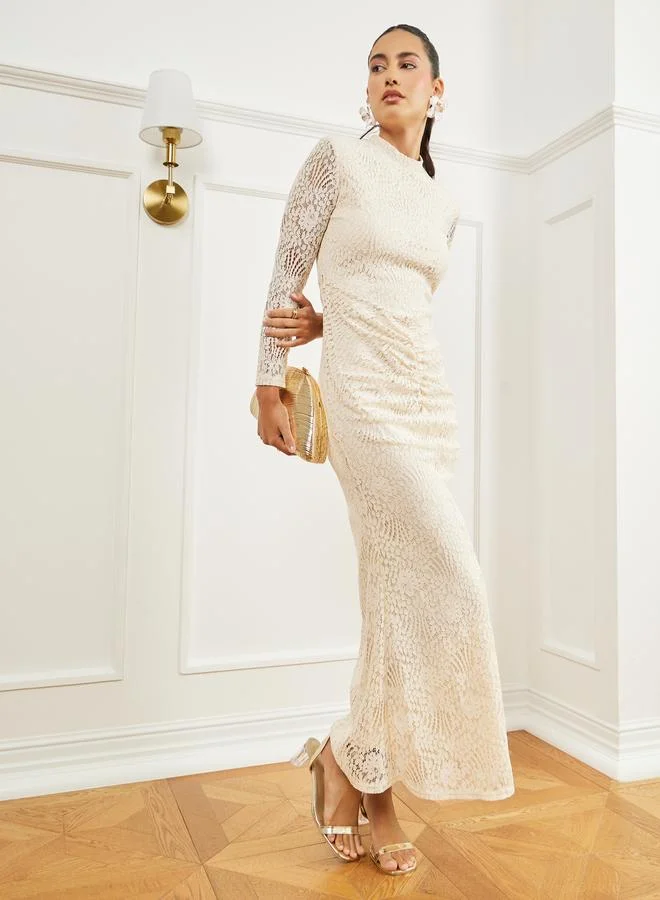 Styli Cream Lace Long Sleeve Ruched Maxi Dress