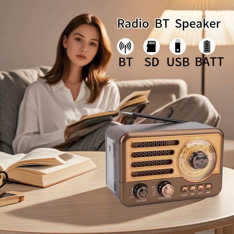راديو محمول بني رجعي AM FM SW مشغل MP3 بطارية ليثيوم قابلة للشحن TF USB - Image 5