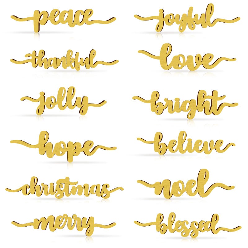 Jetec 12 Pieces Christmas Thankful Blessed Merry Joyful Peace Family Wood Cutout Rustic Thankful Plate Letter Sign Decor Inspirational Letter Wood Sign for Home Table Plates Table Gold Stylish Style