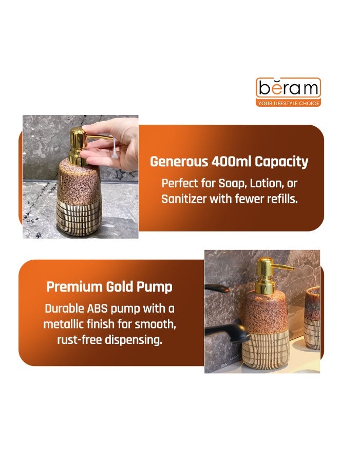 بيرام برام مجموعة ملحقات الحمام الخزفية 4 قطع بنمط مربعات بني ورمادي بلمسة مرئية مع موزع صابون حامل فرشاة أسنان كوب وصحن صابون مظهر فني مصنوع يدويًا (موزع سائل) - Image 4