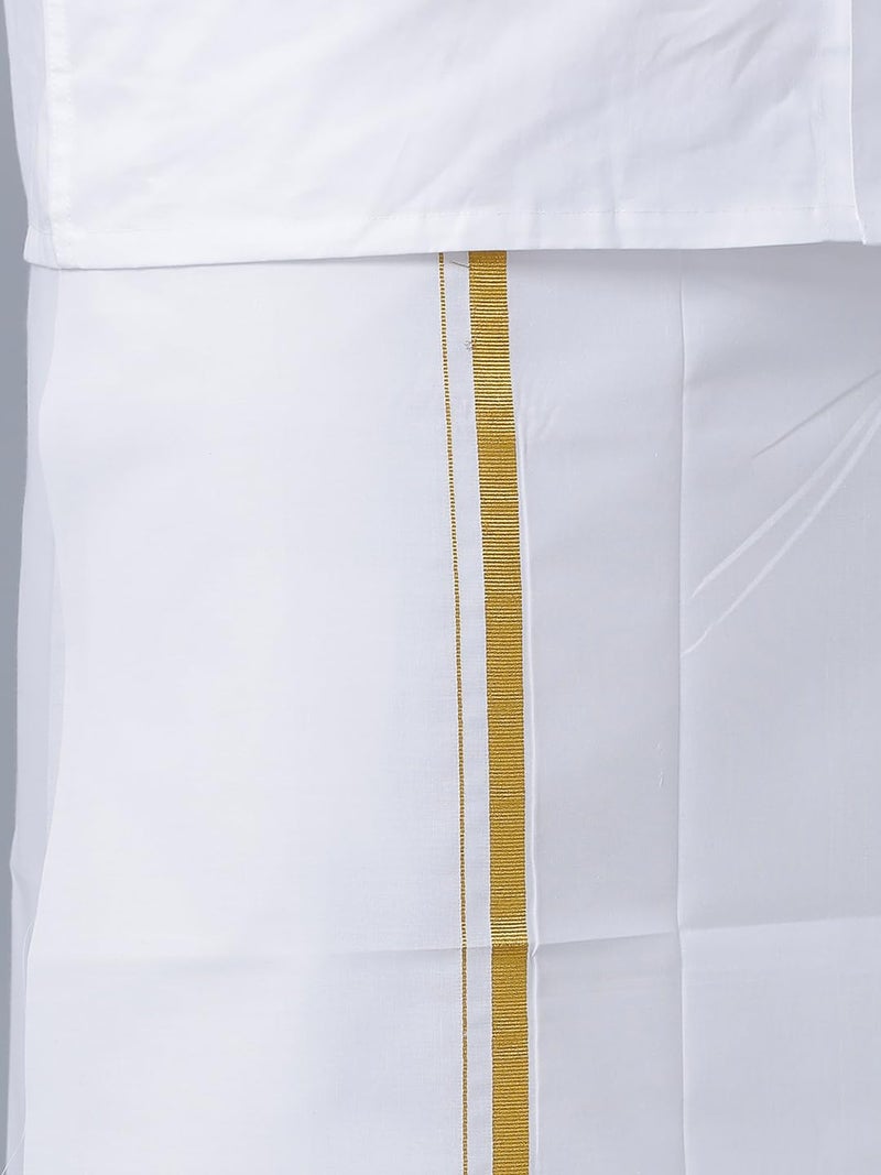 RAMRAJ COTTON طقم رامراج قطن للرجال قميص تقليدي أبيض بأكمام كاملة مع حواف ذهبية وطقم دوتي (أبيض_13;44) - Image 4