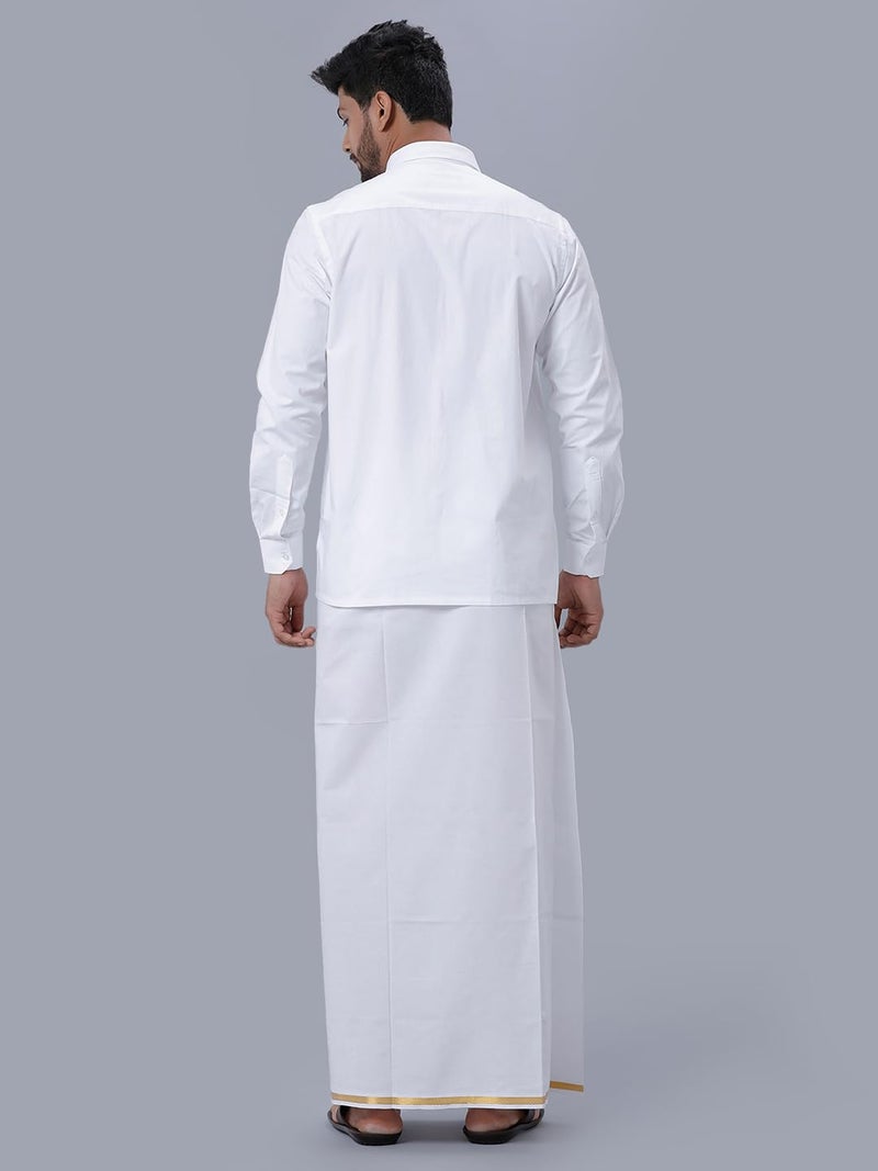 RAMRAJ COTTON طقم رامراج قطن للرجال قميص تقليدي أبيض بأكمام كاملة مع حواف ذهبية وطقم دوتي (أبيض_13;44) - Image 2