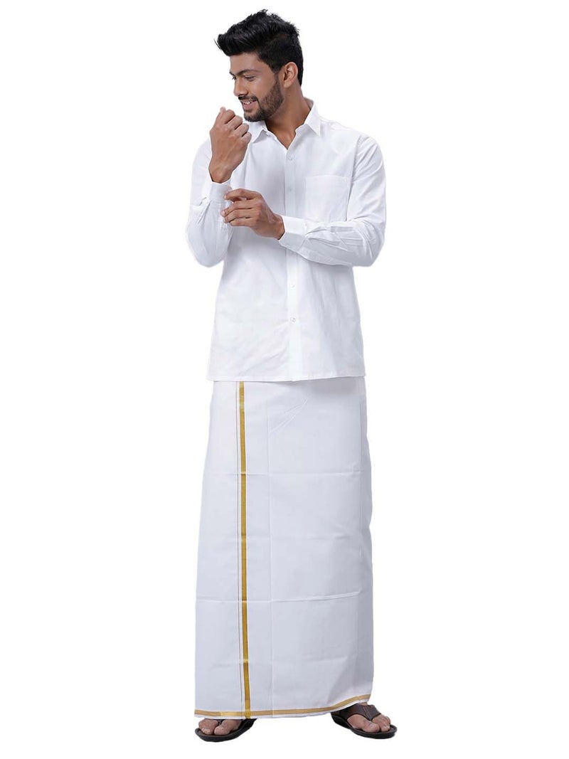 RAMRAJ COTTON طقم رامراج قطن للرجال قميص تقليدي أبيض بأكمام كاملة مع حواف ذهبية وطقم دوتي (أبيض_13;44) - Image 1