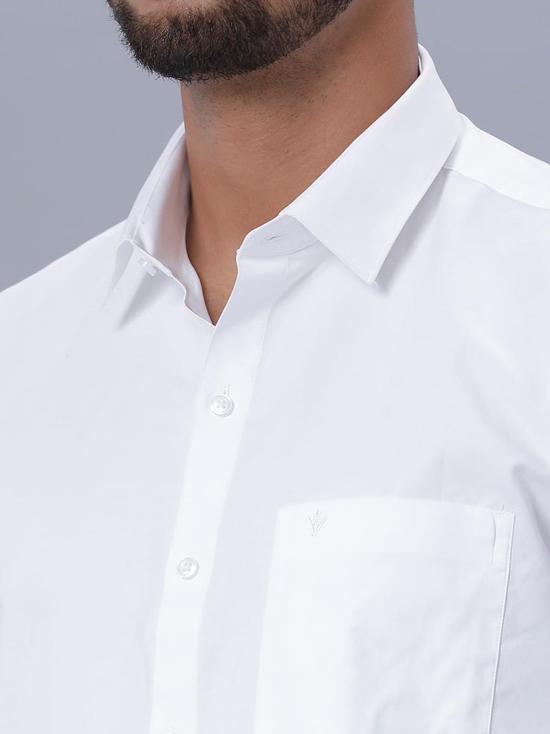 RAMRAJ COTTON طقم رامراج قطن للرجال قميص تقليدي أبيض بأكمام كاملة مع حواف ذهبية وطقم دوتي (أبيض_13;44) - Image 3