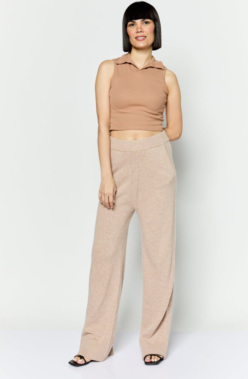 ESPRIT Women Regular Fit Knitted Straight Leg Pants, Tan - Image 4
