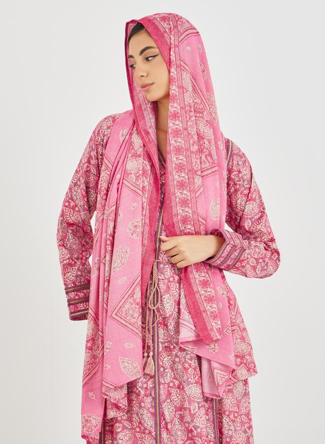 ستايلي جلابية مطبوعة بالكامل بياقة على شكل حرف  مع تطريز دانتيل - Image 5