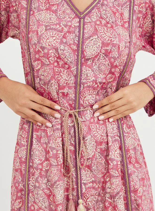 Styli Styli All Over Print V Neck Jalabiya with Lace Trim