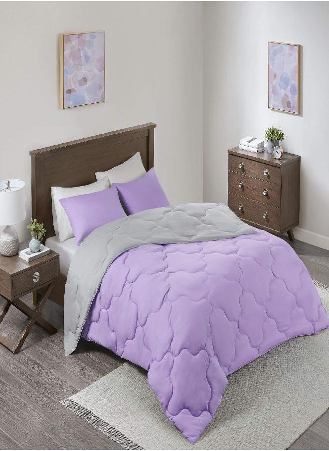 Comfort Spaces Comfort Spaces Vixie Reversible Comforter Set - Trendy Casual Geometric Quilted Cover, All Season Down Alternative Cozy Bedding, Matching Sham, Lavender/Gray, Full/Queen 3 piece  - Image 1