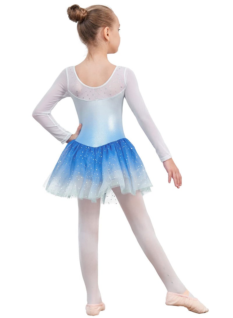 EQSJIU Long Sleeve Dance Leotard for Girls Sparkly Snowflake Ballet Dress Toddler Tutu Skirted Leotard Outfits for Girls, 3-4T, Ls Blue - Image 2