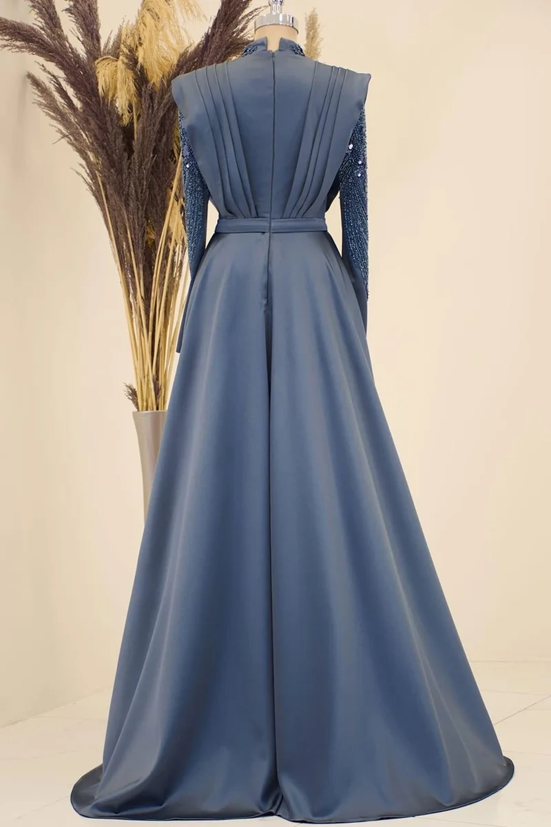 Esilanur Draped Front Tail Beaded Embroidered Miranda Hijab Evening Dress Anthracite