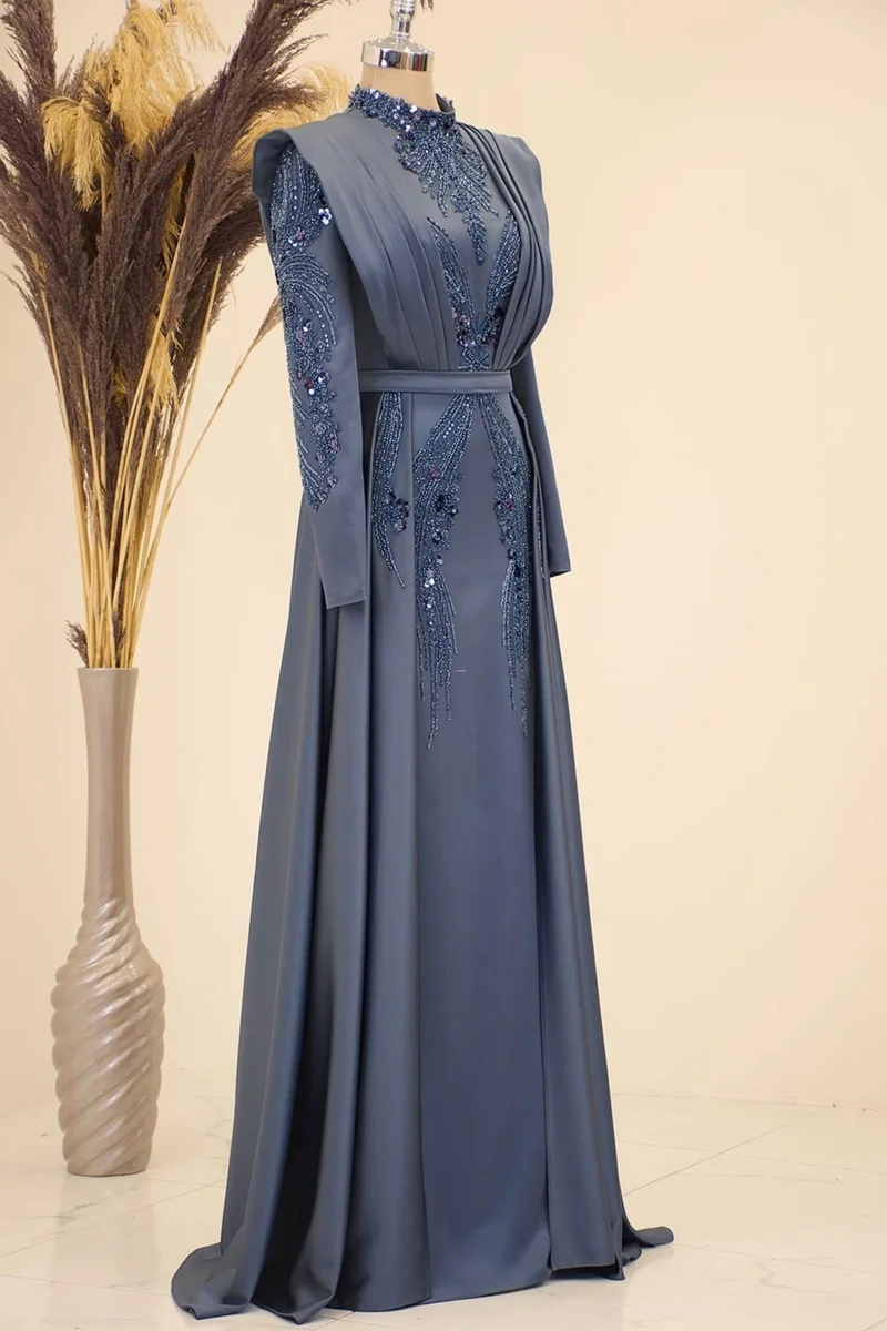 Esilanur Draped Front Tail Beaded Embroidered Miranda Hijab Evening Dress Anthracite